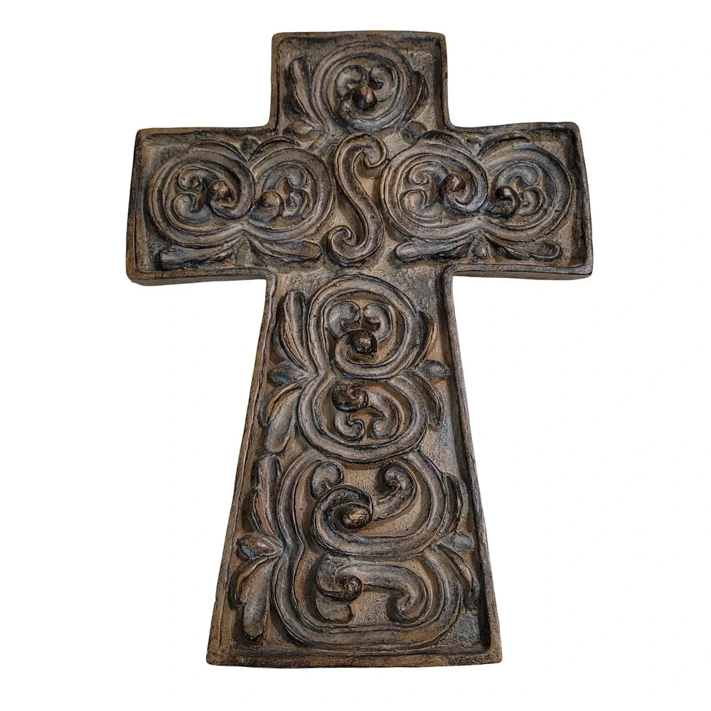 Ornate Scrollwork Wall Cross Bronze Finish Rustic Religious Home Decor 9.5 Inch